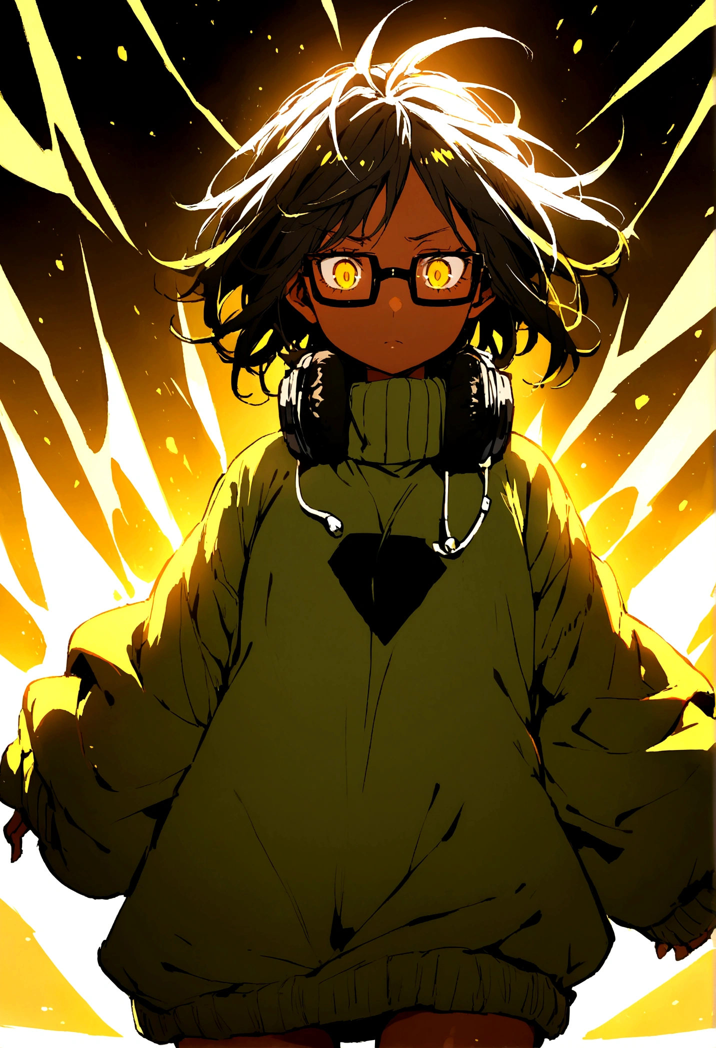 Girl, black hair blonde highlights, brown skin, black square glasses, tired look, eye bags, yellow eyes, baggy clothes, big sweater, headphones around neck