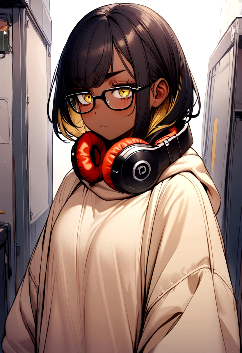 Girl, black hair blonde highlights, brown skin, black square glasses, tired look, eye bags, yellow eyes, baggy clothes, big sweater, headphones around neck