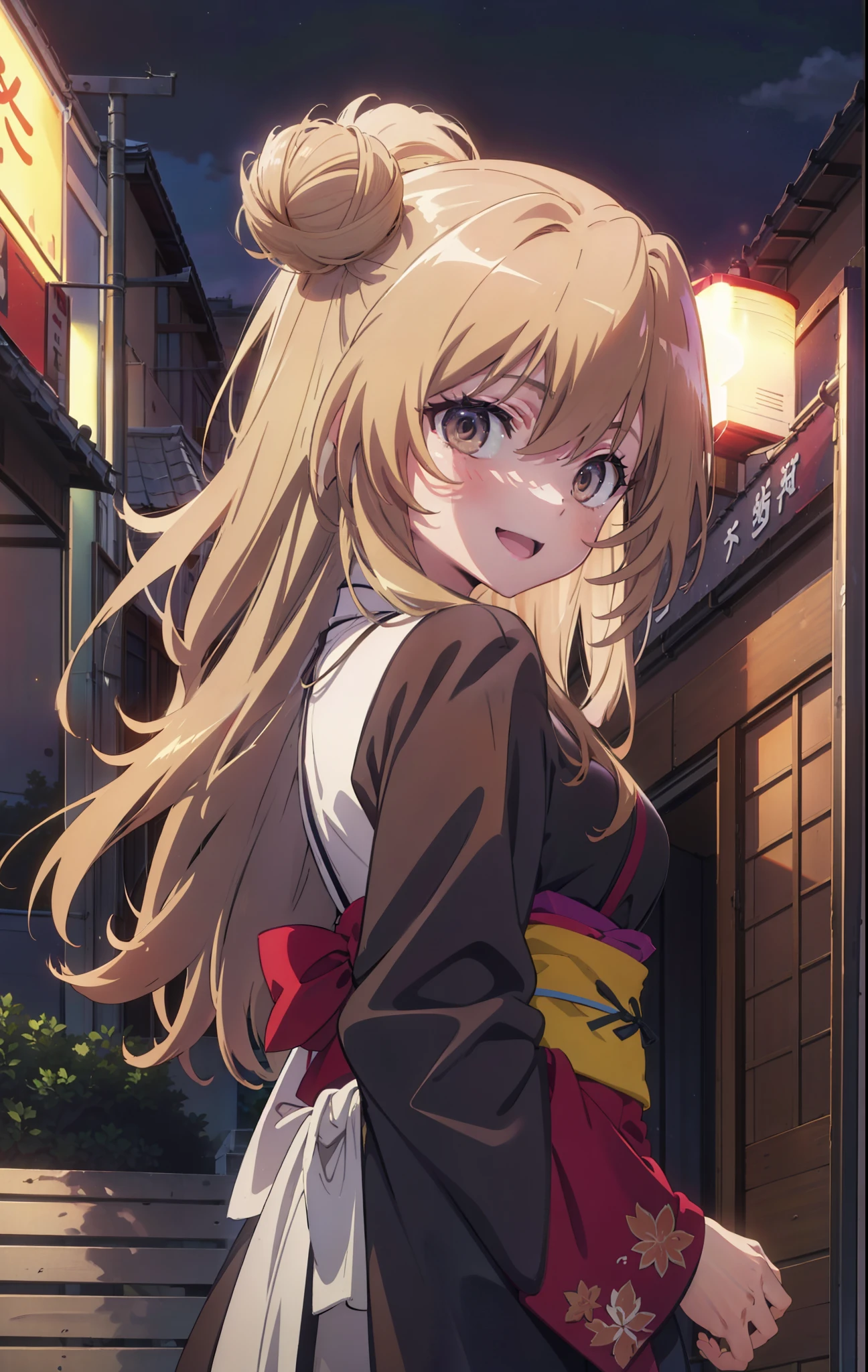 taiga aisaka, taiga aisaka, Long Hair, Brown Hair, Brown eyes,happy smile, smile, Open your mouth,Squint your eyes,Hair Bun, single  Hair Bun,Black kimono,Thick sleeves,日本のfestival,夏festivalの屋台,Red lantern,night,night空の花火,Fireworks,The place is a fireworks display,時間はnightです,sunny day,turn around,As if your whole body is in the illustration,Walking,　　　　　　　　　　　　　　　  　　　　　break looking at viewer, Upper Body, (Cowboy Shot:1. 5),  　　　　　
break outdoors, festival,shrine,
break (masterpiece:1.2), Highest quality, High resolution, unity 8k wallpaper, (shape:0.8), (Beautiful attention to detail:1.6), Highly detailed face, Perfect lighting, Highly detailed CG, (Perfect hands, Perfect Anatomy),
