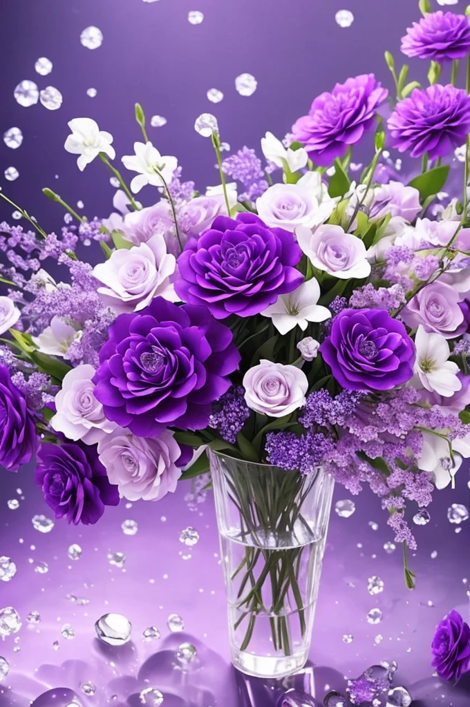 purple and white flowers in a vase with water droplets, digital art by Eizan Kikukawa, tumblr, aestheticism, dreamy aesthetic, 🌺 cgsociety, very aesthetic!!!!!!!!!!!!!!!, magical flowers, aesthetic ”, fantasy aesthetic!, beautiful flowers and crystals, very aesthetic!!!!!!, sailor moon aesthetic, nebulous bouquets, night sky full of flowers