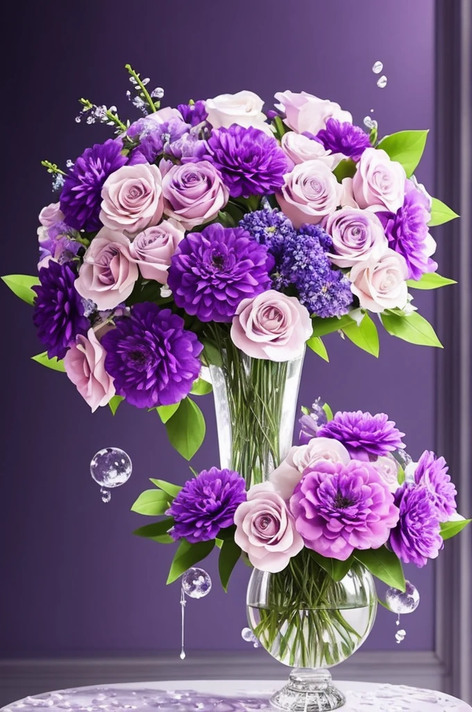 purple and white flowers in a vase with water droplets, digital art by Eizan Kikukawa, tumblr, aestheticism, dreamy aesthetic, 🌺 cgsociety, very aesthetic!!!!!!!!!!!!!!!, magical flowers, aesthetic ”, fantasy aesthetic!, beautiful flowers and crystals, very aesthetic!!!!!!, sailor moon aesthetic, nebulous bouquets, night sky full of flowers