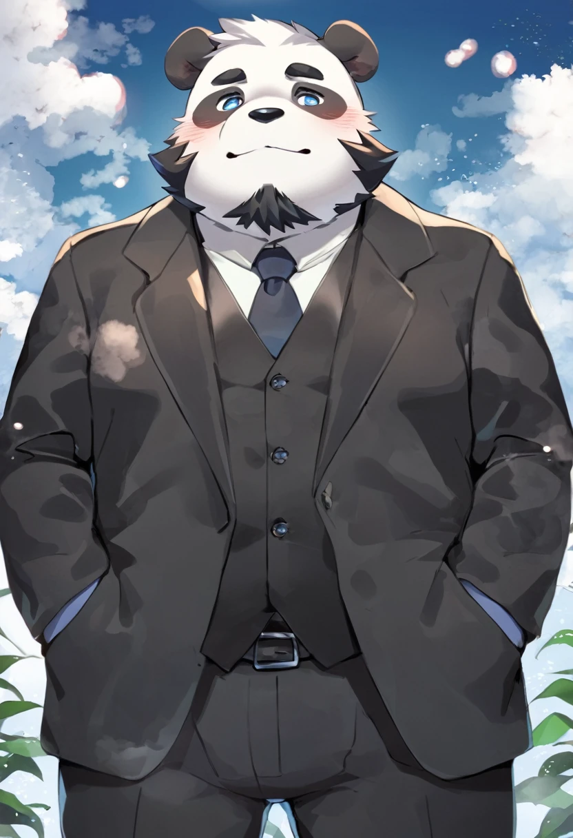 panda,personification,Mature male,Cute uncle,Black beard,Introverted expression,Blue pupils,Black eyebrows,Black suit suit,Hands in pockets,The Age of Steam,garden。