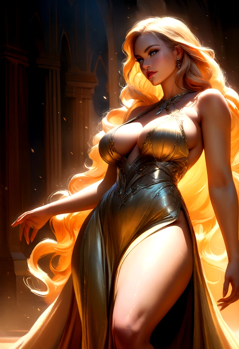 Waifu, A voluptuous mature woman with large breasts, long wavy hair, wearing a high thigh split dress, beautiful detailed eyes, full luscious lips, expressive face, side profile pose, dramatic cinematic lighting, fantasy digital art, highly detailed, concept art, 8k, photorealistic, chiaroscuro, warm color palette, dramatic lighting