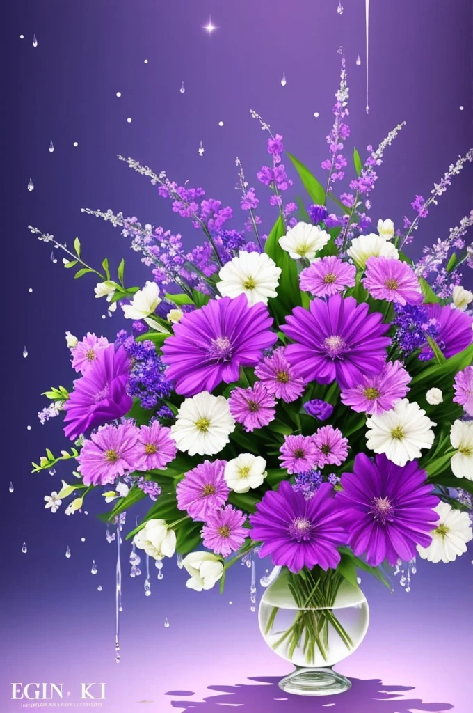 purple and white flowers in a vase with water droplets, digital art by Eizan Kikukawa, tumblr, aestheticism, dreamy aesthetic, 🌺 cgsociety, very aesthetic!!!!!!!!!!!!!!!, magical flowers, aesthetic ”, fantasy aesthetic!, beautiful flowers and crystals, very aesthetic!!!!!!, sailor moon aesthetic, nebulous bouquets, night sky full of flowers