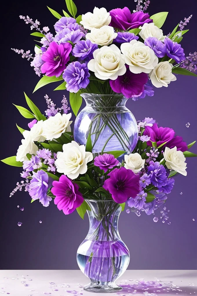 purple and white flowers in a vase with water droplets, digital art by Eizan Kikukawa, tumblr, aestheticism, dreamy aesthetic, 🌺 cgsociety, very aesthetic!!!!!!!!!!!!!!!, magical flowers, aesthetic ”, fantasy aesthetic!, beautiful flowers and crystals, very aesthetic!!!!!!, sailor moon aesthetic, nebulous bouquets, night sky full of flowers