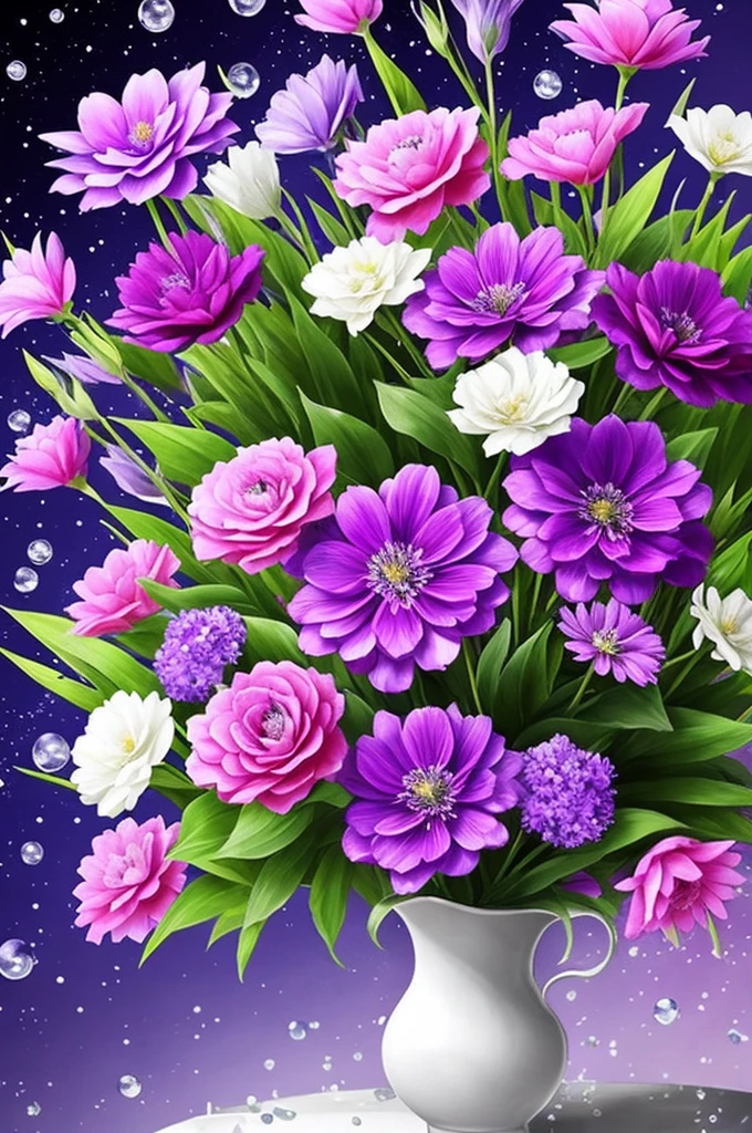 purple and white flowers in a vase with water droplets, digital art by Eizan Kikukawa, tumblr, aestheticism, dreamy aesthetic, 🌺 cgsociety, very aesthetic!!!!!!!!!!!!!!!, magical flowers, aesthetic ”, fantasy aesthetic!, beautiful flowers and crystals, very aesthetic!!!!!!, sailor moon aesthetic, nebulous bouquets, night sky full of flowers