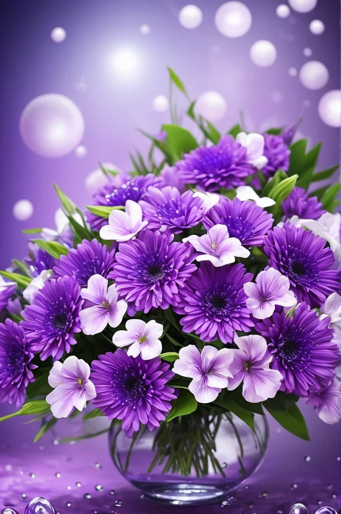 purple and white flowers in a vase with water droplets, digital art by Eizan Kikukawa, tumblr, aestheticism, dreamy aesthetic, 🌺 cgsociety, very aesthetic!!!!!!!!!!!!!!!, magical flowers, aesthetic ”, fantasy aesthetic!, beautiful flowers and crystals, very aesthetic!!!!!!, sailor moon aesthetic, nebulous bouquets, night sky full of flowers