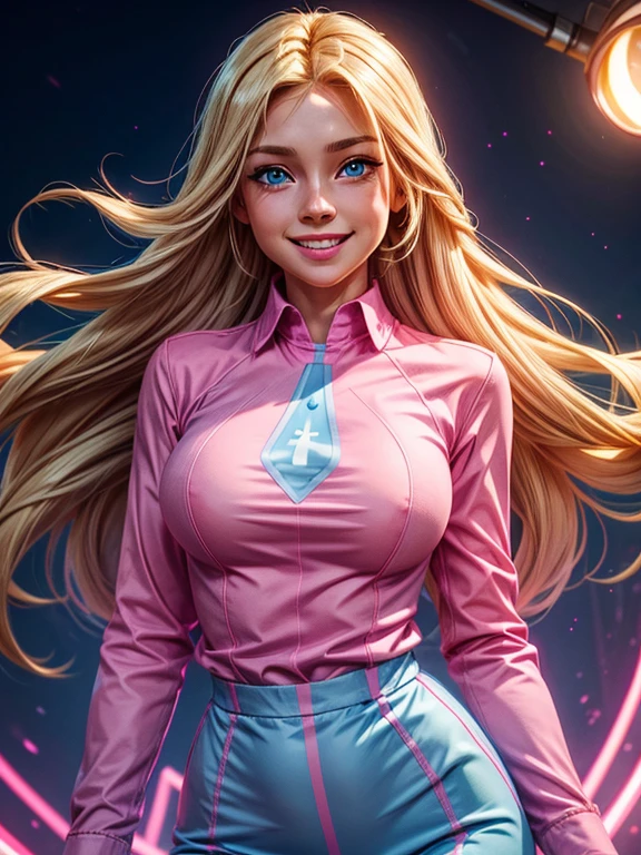 a woman with long blonde hair, blue eyes, (wearing a pink and blue long sleeve shirt), smiling, happy, cheerful, high definition, Ultra Quality hair, Ultra Quality face, Ultra Quality image, cinematic lights,,,,pose sensual, sexy, (medium and exposed breasts).