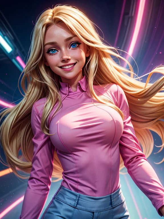 a woman, long blonde hair, blue eyes, (wearing a pink and blue long sleeve shirt), smiling,
happy, cheerful, high definition, Ultra Quality hair, Ultra Quality face, Ultra Quality image, cinematic lights,,(medium breasts),,