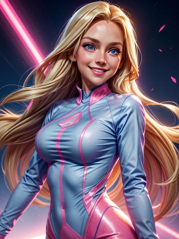 a woman, long blonde hair, blue eyes, (wearing a pink and blue long sleeve shirt), smiling, 
 happy, cheerful, high definition, Ultra Quality hair, Ultra Quality face, Ultra Quality image, cinematic lights,,(medium breasts),,