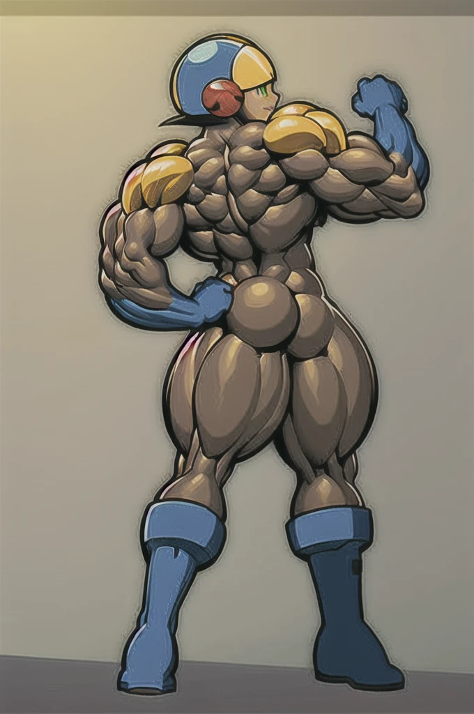 blue boots , yellow shoulder pads, blue helmet , Brown hair , green eyes, Blue suit, 1 boy, full body, masculine, muscular, happy, megaman ,muscle , bodybuilder ,hypermuscle , human , boy , male , Pecs , Big , huge butt , alone
