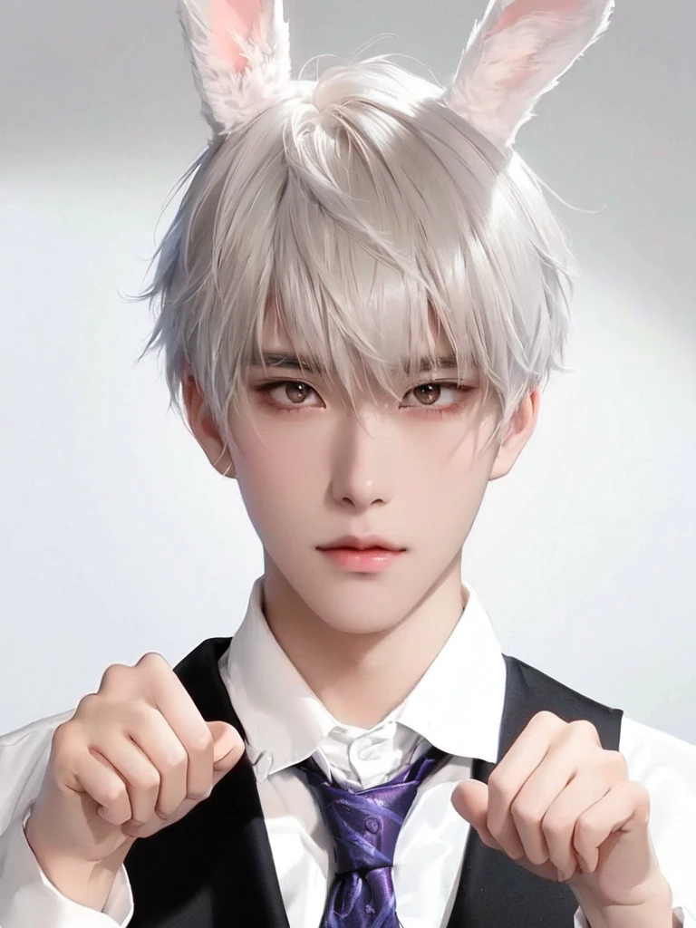 there is a young man with a bunny ears and a tie, anime cosplay, sakimichan, handsome japanese demon boy, professional cosplay, kaworu nagisa, cai xukun, white fox ears, male anime style, ken kaneki, male anime character, otome game character, otome dating game, love and deepspace, love and deepspace xavier, xavier love and deepspace, korean face, korean male face