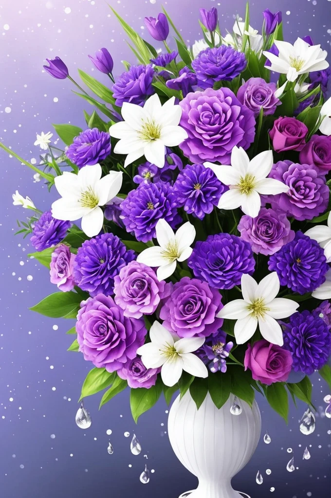purple and white flowers in a vase with water droplets, digital art by Eizan Kikukawa, tumblr, aestheticism, dreamy aesthetic, 🌺 cgsociety, very aesthetic!!!!!!!!!!!!!!!, magical flowers, aesthetic ”, fantasy aesthetic!, beautiful flowers and crystals, very aesthetic!!!!!!, sailor moon aesthetic, nebulous bouquets, night sky full of flowers