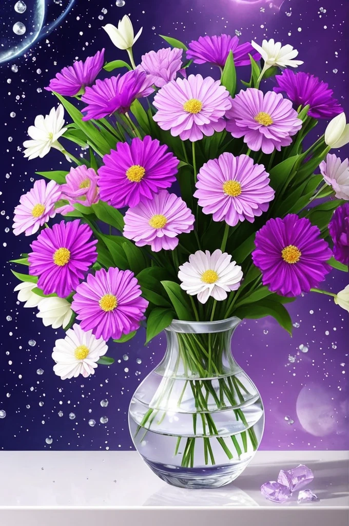 purple and white flowers in a vase with water droplets, digital art by Eizan Kikukawa, tumblr, aestheticism, dreamy aesthetic, 🌺 cgsociety, very aesthetic!!!!!!!!!!!!!!!, magical flowers, aesthetic ”, fantasy aesthetic!, beautiful flowers and crystals, very aesthetic!!!!!!, sailor moon aesthetic, nebulous bouquets, night sky full of flowers