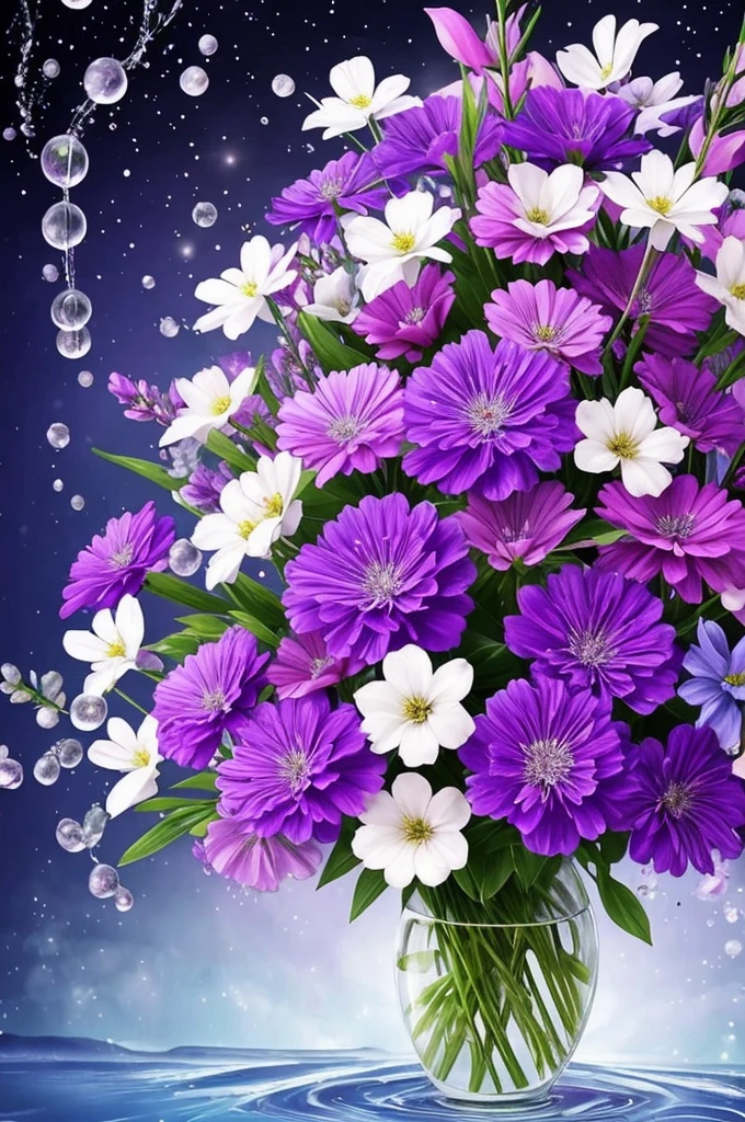 purple and white flowers in a vase with water droplets, digital art by Eizan Kikukawa, tumblr, aestheticism, dreamy aesthetic, 🌺 cgsociety, very aesthetic!!!!!!!!!!!!!!!, magical flowers, aesthetic ”, fantasy aesthetic!, beautiful flowers and crystals, very aesthetic!!!!!!, sailor moon aesthetic, nebulous bouquets, night sky full of flowers