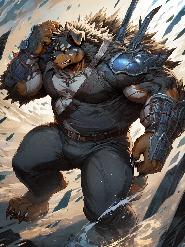 furry, (((rottweiler))), (((fusion with wolf))), wolf claws, beastman, male, big body, muscular, full body, monster like, abnormal musculate, long claws, walks by 4 legs, action pose, use the claws to slash at enemies,