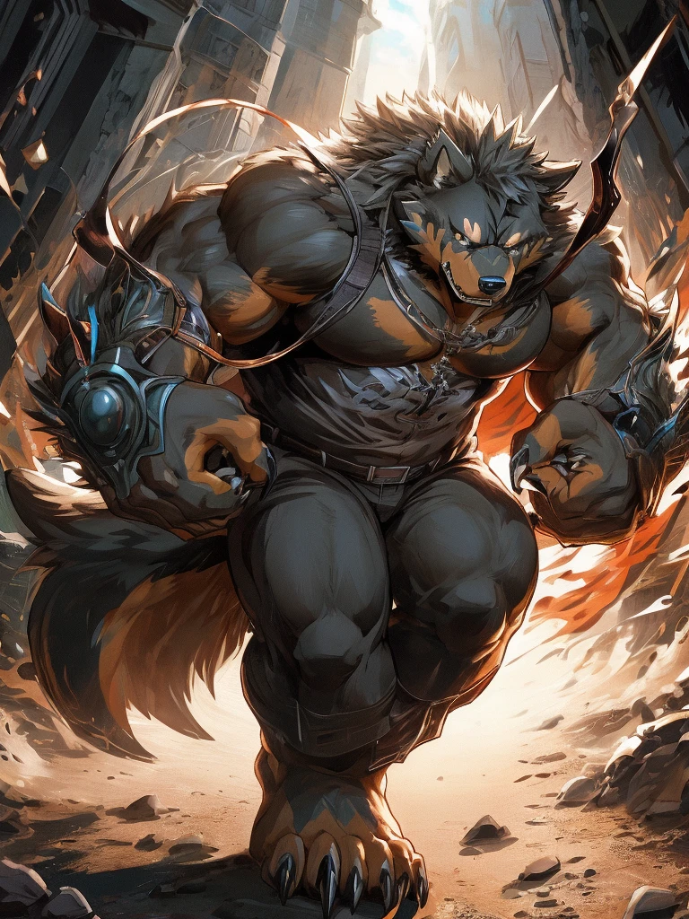 furry, (((rottweiler))), (((fusion with wolf))), wolf claws, beastman, male, big body, muscular, full body, monster like, abnormal musculate, long claws, walks by 4 legs, action pose, use the claws to slash at enemies,