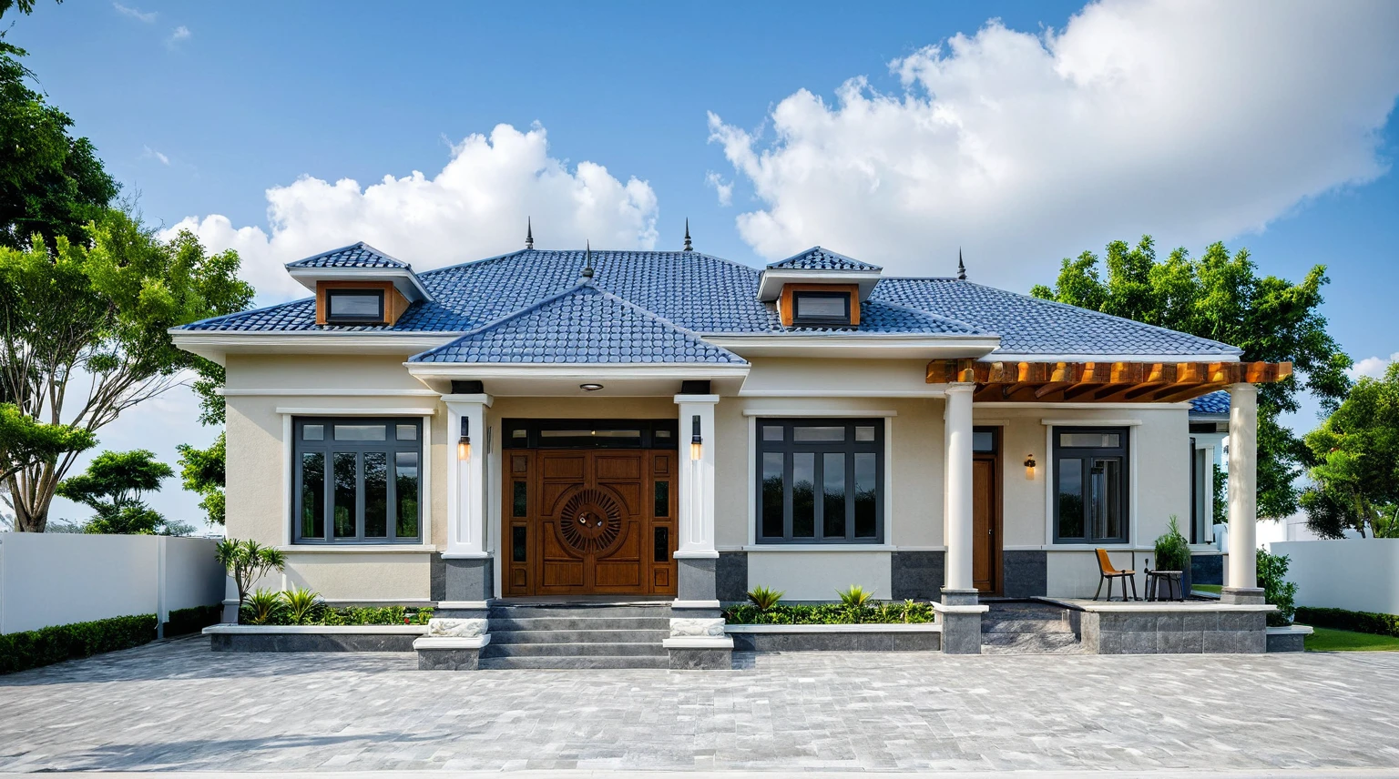 Masterpiece, high quality, best quality, authentic, super detail, outdoors, onestoreyvillaXL, aiaigroup, house style modern on the street ,stairs, white wall ,road,pavement, grass, trees, sky, cloud, (daylight:1.1),((pool front of villa))
