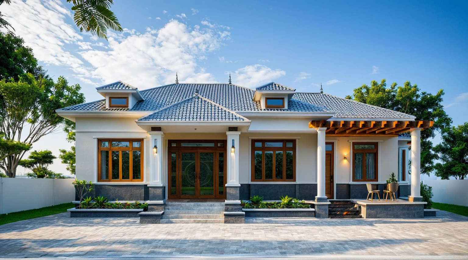 Masterpiece, high quality, best quality, authentic, super detail, outdoors, onestoreyvillaXL, aiaigroup, house style modern on the street ,stairs, white wall ,road,pavement, grass, trees, sky, cloud, (daylight:1.1),((pool front of villa))
