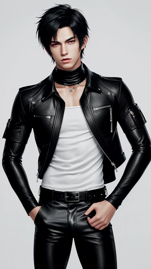 Final fantasy taste and reality graphics, Japanese young cute and cool ikemen boy, his age is early 20s, thin eyebrows and beady eyes, he wearing off white color leather very thick singlebrest biker jacket, with epaulet, jacket is long sleeve, must close the front of the leather jacket, jacket is biker style, jacket is voluminous, , jacket collar is high length stand-up collar with two belts, jacket is a little black color line pattern,close the front of the jacket, also wearing black very thick turtleneck lackluster shirts, tight black leather pants, shiny black leather tight and thin glove, black leather knee-high raceup boots,must views head-to-toe,must views whole body, boy looks like fashion model,Do not show skin from the neck down,leather jacket leather glove and leather pants have few wrinkles,boy in the room,