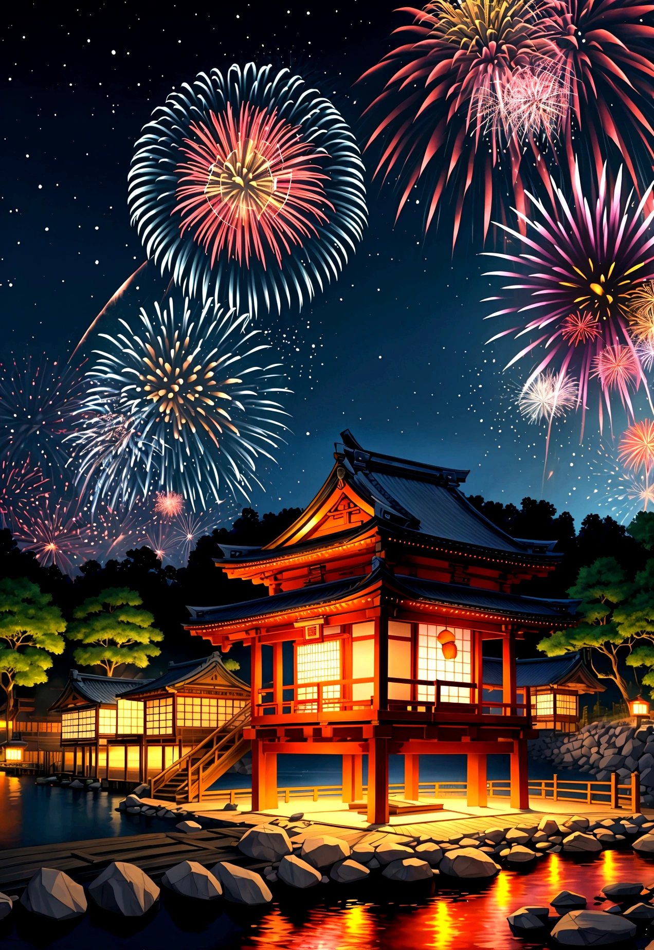 Summer festival、Japan、Fireworks on the riverbank、５A drawing of a genius level、Fireworks main picture
