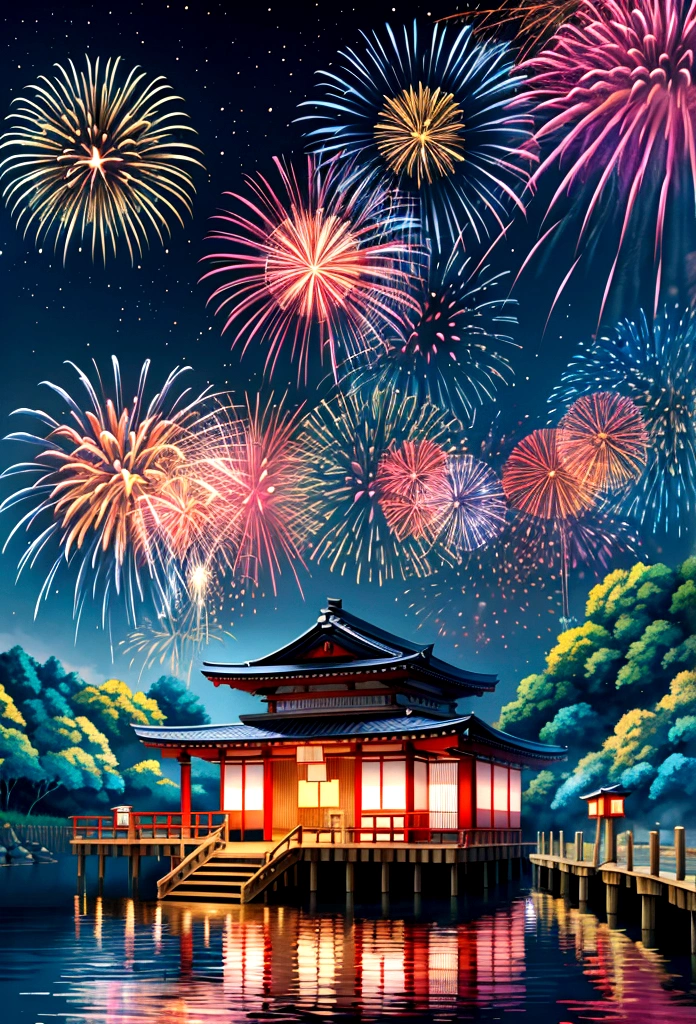 Summer festival、Japan、Fireworks on the riverbank、５A drawing of a genius level、Fireworks main picture