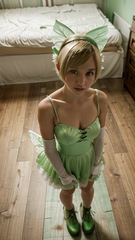 A  cute 18 year old girl wearing a green fairy costume with white wings standing on a hard wood floor shot from above as she looks at the camera confused. Blonde pixie cut.  Wearing green gloves and shoes. Darkened room