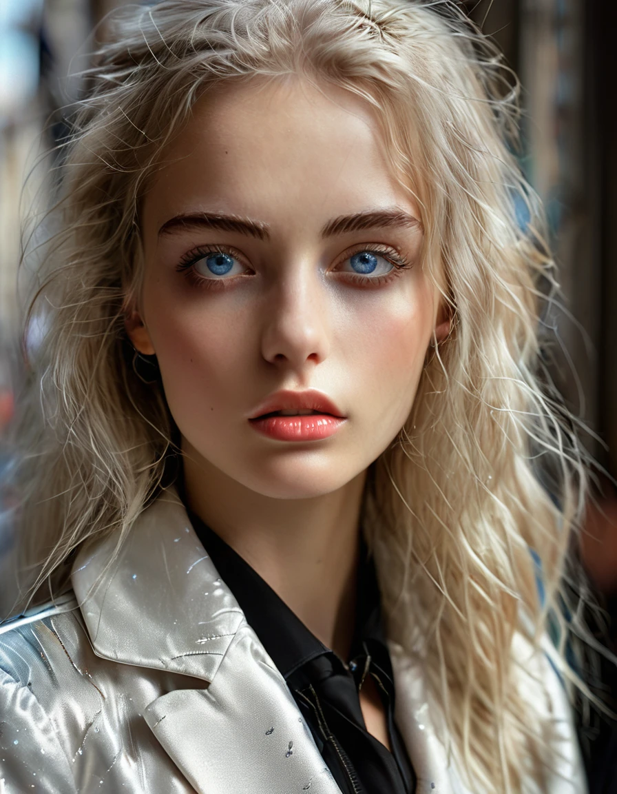 Bombshell beauty, European girl portrait, alone, 20 years old, beautiful face, upper body, hair over one eye, medium side cut, blonde hair, sharp focus, black business suit, bombshell beauty, face close-up, young woman, 22 year old woman, young, Paris fashion week model-like woman, silvery long hair, silvery eyebrows, blue eyes, beautiful detailed eyes, white skin, ridiculously long hair, perfect face, high resolution, sharp focus, ultra detailed, highly detailed, photorealistic artwork, highly detailed CG unity, 8k, wallpaper, vibrant colors, vibrant theme, exquisite, masterpiece, best quality, artistic photography, photo by sldr, exquisite background) perfectly rendered face, perfect facial details, realistic face, photorealistic, exquisite details, realism,