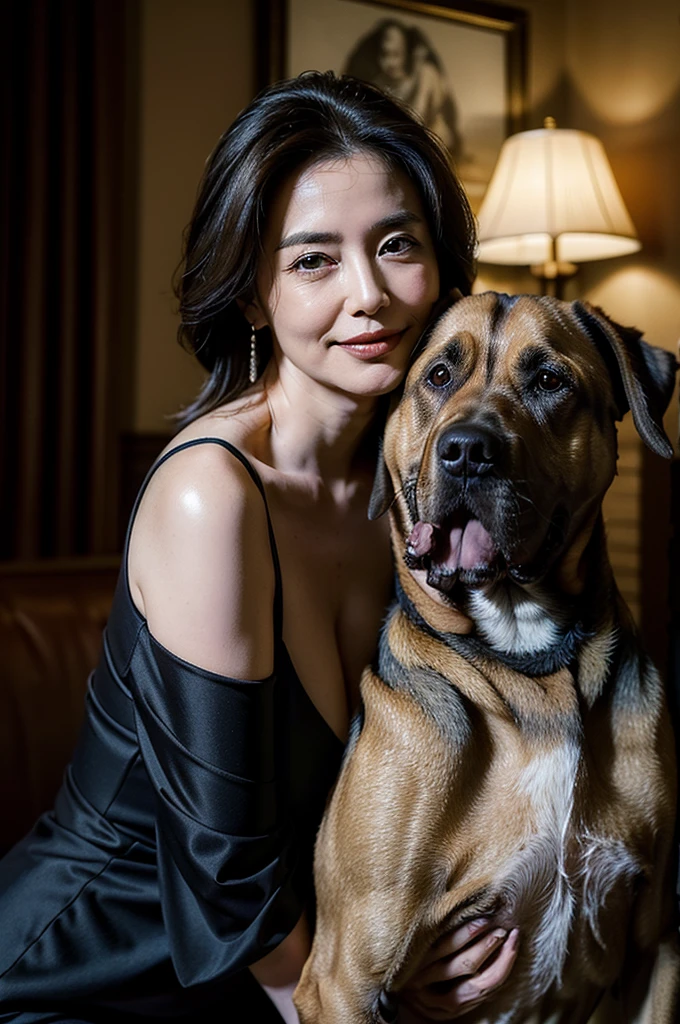 (masterpiece:1.4),((1 woman and 1 dog : 1.5)), (((portrait of mature woman and her big dog : 1.4))), (63-year-old woman:1.5), (Facial wrinkles : 1.2), Nasolabial folds, (looking at viewer : 1), (smirking : 1.3), pores, dull skin, skin blemishes, (mid-length hair), large saggy breasts, plump body, (elegant lady), (classy formal dress), detailed backgrounds, (Old Western-style building), (dim atmosphere), gloomy, dark lighting, (dog's tongue), (dog is hugging a woman)