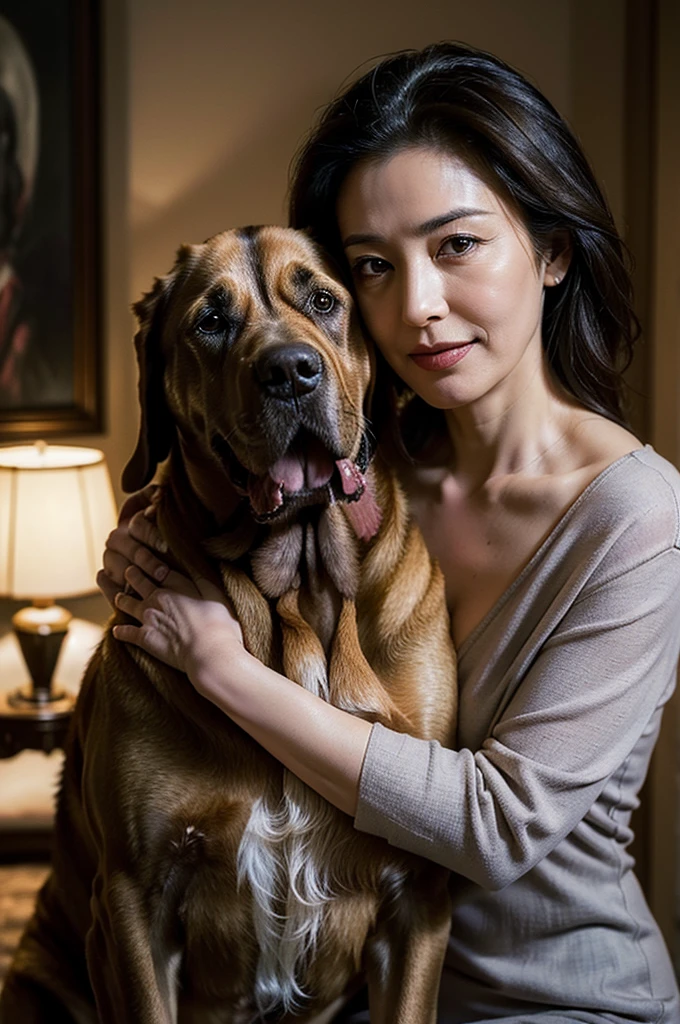 (masterpiece:1.4),((1 woman and 1 dog : 1.5)), (((portrait of mature woman and her big dog : 1.4))), (63-year-old woman:1.5), (Facial wrinkles : 1.2), Nasolabial folds, (looking at viewer : 1), (smirking : 1.3), pores, dull skin, skin blemishes, (mid-length hair), large saggy breasts, plump body, (elegant lady), (classy formal dress), detailed backgrounds, (Old Western-style building), (dim atmosphere), gloomy, dark lighting, (dog's tongue), (dog is hugging a woman)