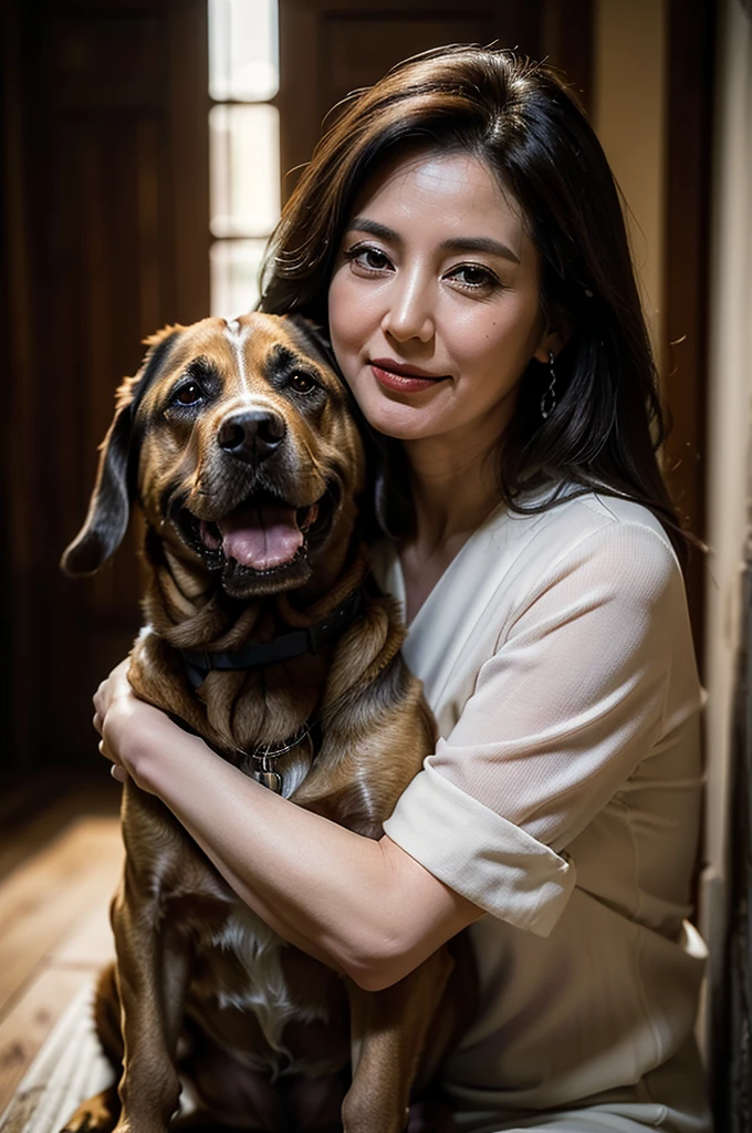 (masterpiece:1.4),((1 woman and 1 dog : 1.5)), (((portrait of mature woman and her big dog : 1.4))), (63-year-old woman:1.5), (Facial wrinkles : 1.2), Nasolabial folds, (looking at viewer : 1), (smirking : 1.3), pores, dull skin, skin blemishes, (mid-length hair), large saggy breasts, plump body, (elegant lady), (classy formal dress), detailed backgrounds, (Old Western-style building), (dim atmosphere), gloomy, dark lighting, (dog's tongue), (dog is hugging a woman)