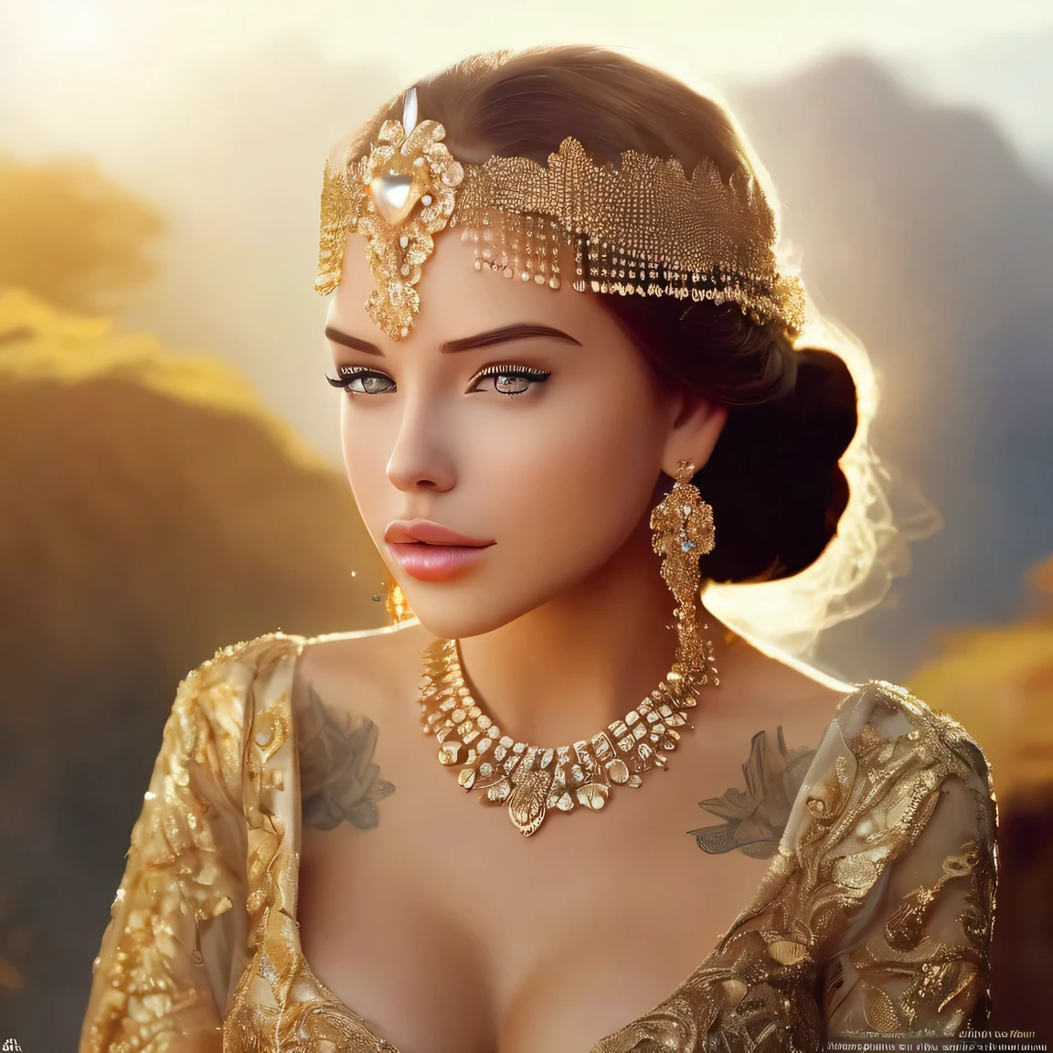 masterpiece, best quality, 1 girl, solo, laurence bedard, glossy, beautiful detailed eyes, beautiful detailed lips, extremely detailed face, longeyelashes, elegant, graceful, serene, peaceful expression, intricate jewelry, ornate headpiece, flowing dress, cinematic lighting, warm golden tones, dramatic backlighting, highly detailed, photorealistic, digital painting