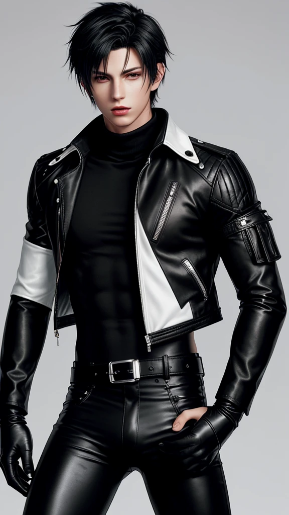 Final fantasy taste and reality graphics, Japanese young cute and cool ikemen boy, his age is early 20s, thin eyebrows and beady eyes, he wearing off white color leather very thick singlebrest biker jacket, with epaulet, jacket is long sleeve, must close the front of the leather jacket, jacket is biker style, jacket is voluminous, , jacket collar is high length stand-up collar with two belts, jacket is a little black color line pattern,close the front of the jacket, also wearing black very thick turtleneck lackluster shirts, tight black leather pants, shiny black leather tight and thin glove, black leather knee-high raceup boots,must views head-to-toe,must views whole body, boy looks like fashion model,Do not show skin from the neck down,leather jacket leather glove and leather pants have few wrinkles,boy in the room,