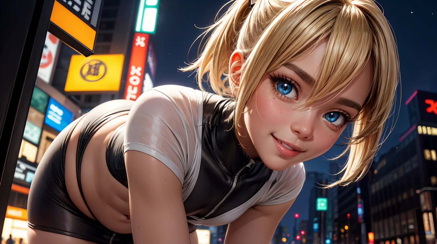 (masterpiece, professional lighting, 16k, 8k wallpaper, raw photo, photorealistic: 1.8, ultra detailed natural soft lighting, detailed skin, detailed face, detailed eyes, textured skins, cinematic composition, FRONT view detailed: 1.2), (from below), 1 girl, perfect body, big breasts, woman, Ganguro, SPANDEX top, jacket, (SILK tight mini skirt), SPANDEX panties, blonde straight long bob cut ponytails, Posture crouching, city streets, Harajuku, late night