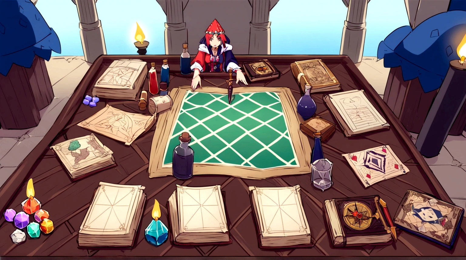 cCreate a background image for the table of a deck builder style card game. The table should be made of aged wood with a rustic, medieval texture. Add decorative elements like lit candles, small bottles of colorful potions, rolled up parchment, and old books with ornate covers. Also include some sparkling crystals, magic stones, an old map or compass, and a small dagger inscribed with runes. The lighting should be soft and warm, as in a tavern or magical library, with a faint mystical glow in some parts of the table. Keep the central area of ​​the table relatively clean so that cards can be placed and moved easily, while the edges can have medieval or magical, anime-style carvings or ornaments, with an HD resolution of 1280x720.