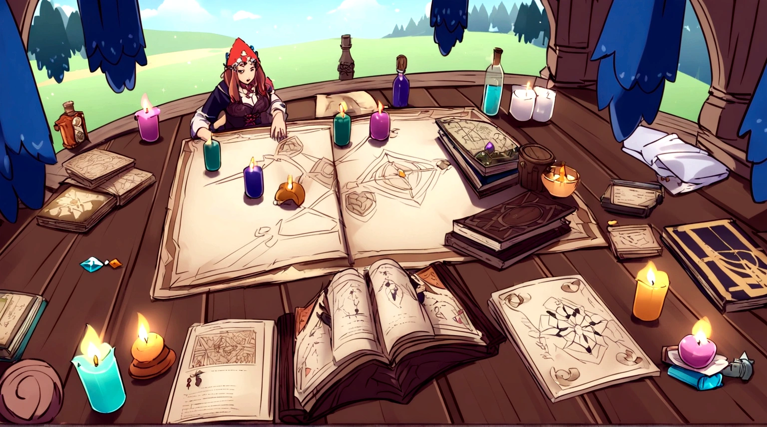 cCreate a background image for the table of a deck builder style card game. The table should be made of aged wood with a rustic, medieval texture. Add decorative elements like lit candles, small bottles of colorful potions, rolled up parchment, and old books with ornate covers. Also include some sparkling crystals, magic stones, an old map or compass, and a small dagger inscribed with runes. The lighting should be soft and warm, as in a tavern or magical library, with a faint mystical glow in some parts of the table. Keep the central area of the table relatively clean so that cards can be placed and moved easily, while the edges can have medieval or magical, anime-style carvings or ornaments, with an HD resolution of 1280x720.
