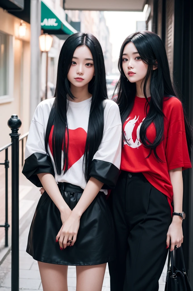 A couple with matching clothes and long black hair with red tips