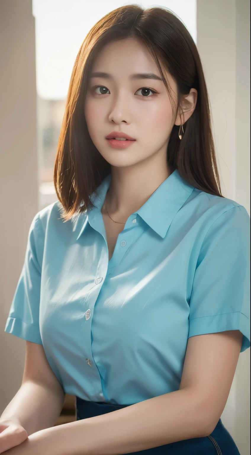 ((best quality, 8k, head of'artwork :1.3)), the whole body, sharpness :1.2, A pretty woman with a perfect figure :1.4, Slim abs :1.2, ((Dark brown hair, big breasts :1.2)), body dress :1.1, (Night view of the city, Balcon moderne :1.1), Highly detailed face and skin texture, Detailed eyes, Double eyelid, Small bust, Uniforme OL, Bureau Wear, t-shirt blanc, Exposed neckline, (Black tights), (No panties), scene of'interior, Bureau