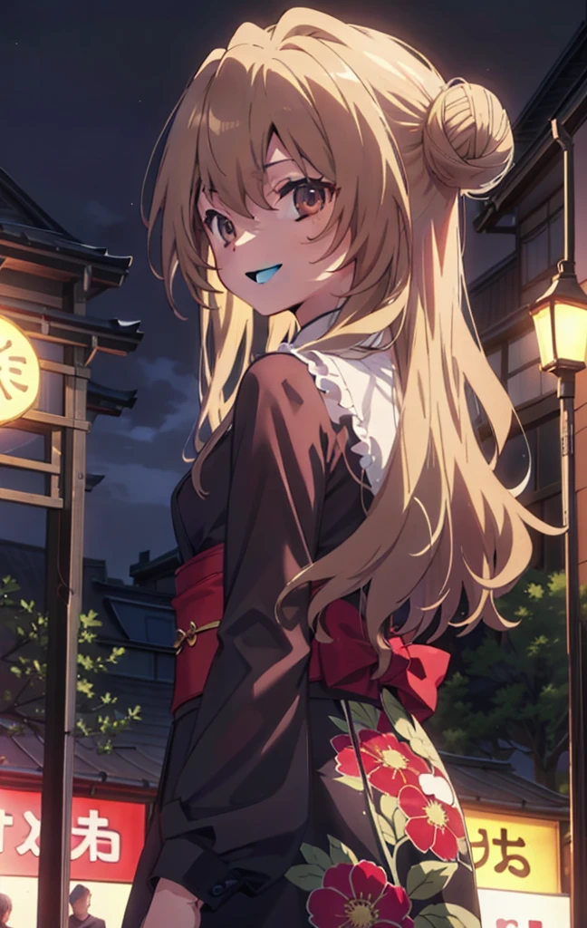 taiga aisaka, taiga aisaka, Long Hair, Brown Hair, Brown eyes,happy smile, smile, Open your mouth,Squint your eyes,Hair Bun, single Hair Bun,Black kimono,Thick sleeves,日本のfestival,夏festivalの屋台,Red lantern,night,night空の花火,Fireworks,The place is a fireworks display,時間はnightです,sunny day,turn around,As if your whole body is in the illustration,Walking, break looking at viewer, Upper Body, (Cowboy Shot:1. 5),
break outdoors, festival,shrine,
break (masterpiece:1.2), Highest quality, High resolution, unity 8k wallpaper, (shape:0.8), (Beautiful attention to detail:1.6), Highly detailed face, Perfect lighting, Highly detailed CG, (Perfect hands, Perfect Anatomy),