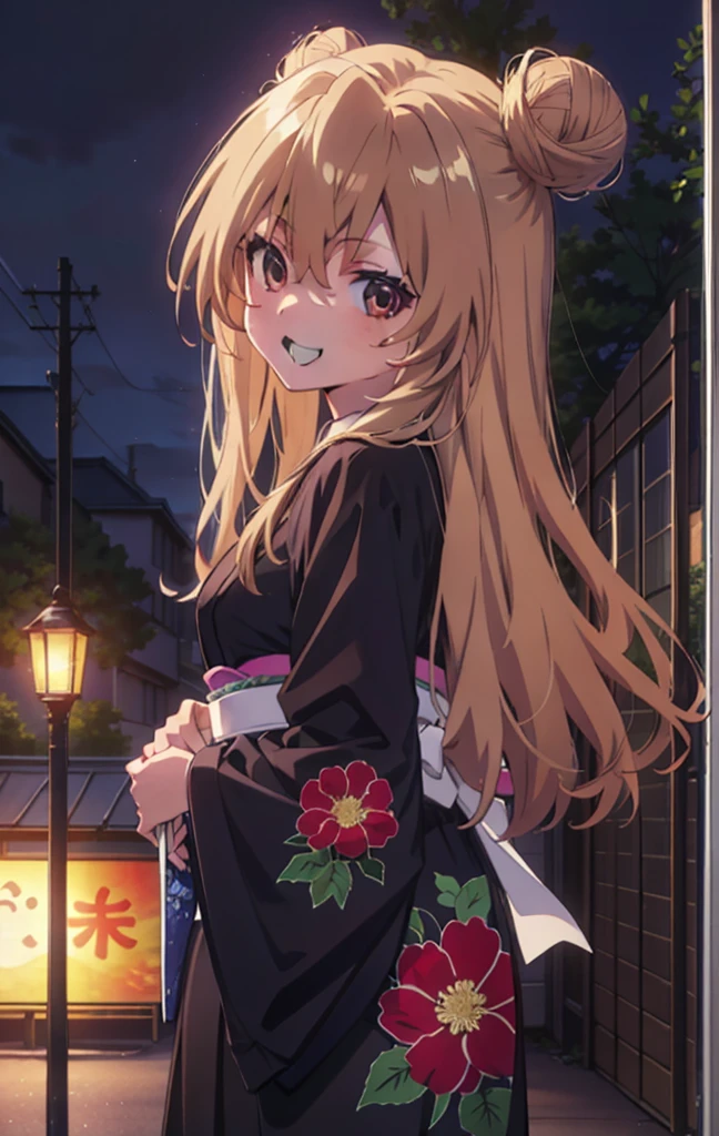 taiga aisaka, taiga aisaka, Long Hair, Brown Hair, Brown eyes,happy smile, smile, Open your mouth,Squint your eyes,Hair Bun, single  Hair Bun,Black kimono,Thick sleeves,日本のfestival,夏festivalの屋台,Red lantern,night,night空の花火,Fireworks,The place is a fireworks display,時間はnightです,sunny day,turn around,As if your whole body is in the illustration,Walking,　　　　　　　　　　　　　　　  　　　　　break looking at viewer, Upper Body, (Cowboy Shot:1. 5),  　　　　　
break outdoors, festival,shrine,
break (masterpiece:1.2), Highest quality, High resolution, unity 8k wallpaper, (shape:0.8), (Beautiful attention to detail:1.6), Highly detailed face, Perfect lighting, Highly detailed CG, (Perfect hands, Perfect Anatomy),