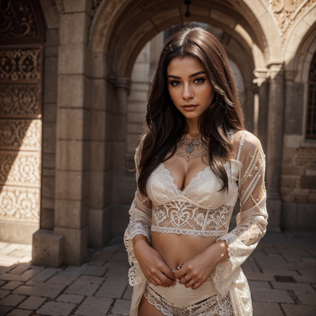 Generate me the most beautiful woman in the world with a lace outfit, magnificent jewelry and makeup with beauty of realism in 8k and with lots of textures and a magnificent background