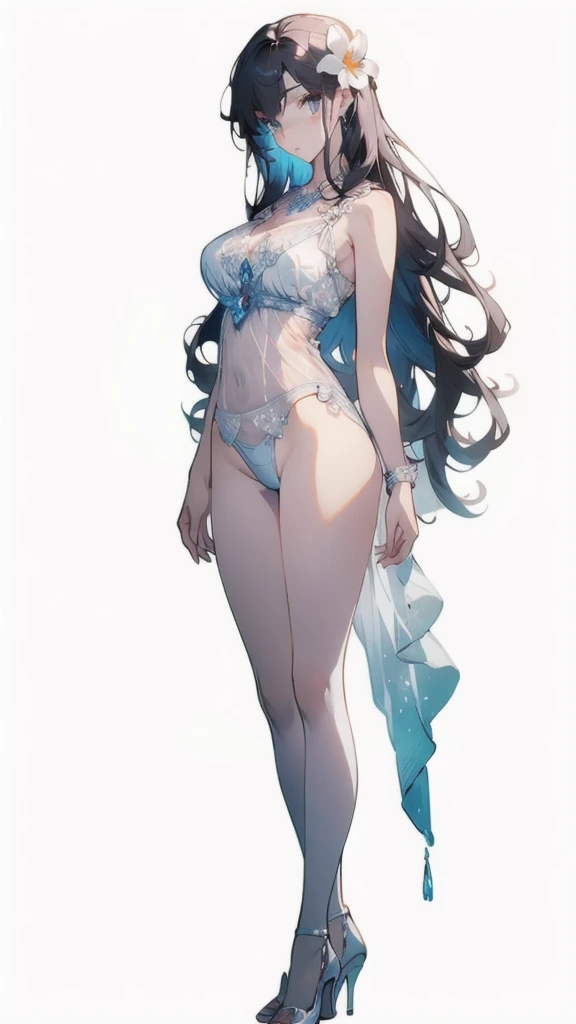 ((masterpiece, best quality)), Epic flower sea atmosphere,Delicate face,model,seaside,Beach,whole body,Standing picture,glowing white eyes,Large ,Perfect body proportions,Pure white background,firefly,Transparent sexy lirie,High heel