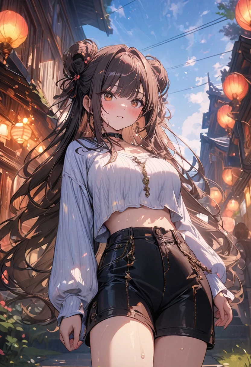 (masterpiece), best quality, very aesthetic, newest, absurdres, detailed, high quality
BREAK
highest quality, top quality, details, highres, ultra fine painting, digital art, official art, cinematic, 4k, 8k resolution, 8K CG wallpaper, CG, original artwork, detailed background, colorful background, blue atmosphere, High Dynamic Range, blurry background, blue hour, Starburst effects, crepuscular rays, good ISO, high resolution, wide shot, from far away, RAW photo, POV, sharp focus, light reflection, reflections, intricate details, soft light, particle noise, professional photography, bokeh, depth of field, natural lighting, vibrant colors, looking away, detailed lights and shadows, stylish, ultra-detailed, top rated on Pixiv, trending on Artstation, niji style, modern-days, master crafted, pose
BREAK
solo, (close up), 1girl, pale skin, correct fingers, detailed hand, (big breasts:1.2), big thighs, small torso, short body, flushtered, blush, anxious expression, embarassed, embarassed act, casual, slim, ((cute, childlike face):1.3), nice body, brown hair, (very long flowing hair), (big 2 buns hairstyle)), long bangs, long hair, middle hair bangs, brown eyes
BREAK
(white loose-fitting crop shirt, long sleeve, sweat shorts, choker, casual wear style, detailed tummy, belly button, modern fashion)
BREAK
tranquil park scene, The park features lush, green grass, a variety of trees in different shapes and sizes, and a serene pond reflecting the sky. Scattered benches and winding pathways invite visitors to stroll and relax. Include a vibrant flower garden with a mix of colorful blooms.