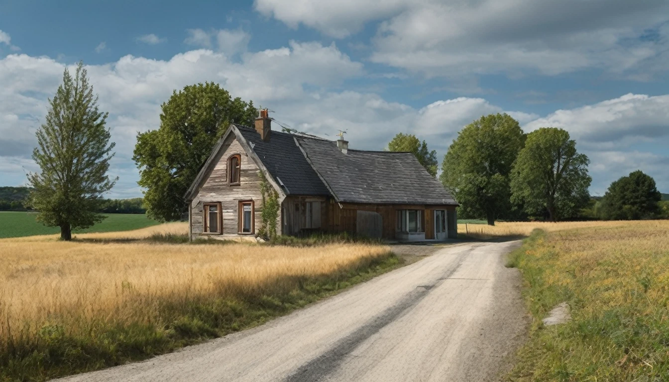 house, end of asphalt street, close to isolated open field, quiet day, no people in the environment