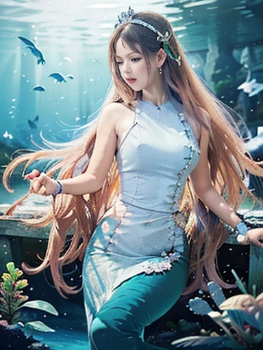 (best quality,ultra-detailed,photorealistic),blue water,sparkling scales, flowy hair, underwater world, colorful coral reefs, ethereal lighting, dreamy atmosphere, fantasy theme, mystical creatures, magical powers, enchanting melodies, mesmerizing beauty, graceful movements, captivating expressions, surreal landscape, peaceful serenity, magical mermaid tails, elegant tiaras, long flowing dresses.