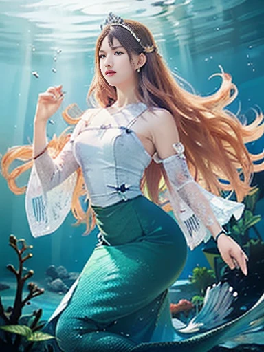 (best quality,ultra-detailed,photorealistic),blue water,sparkling scales, flowy hair, underwater world, colorful coral reefs, ethereal lighting, dreamy atmosphere, fantasy theme, mystical creatures, magical powers, enchanting melodies, mesmerizing beauty, graceful movements, captivating expressions, surreal landscape, peaceful serenity, magical mermaid tails, elegant tiaras, long flowing dresses.