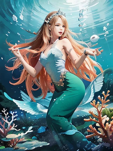 (best quality,ultra-detailed,photorealistic),blue water,sparkling scales, flowy hair, underwater world, colorful coral reefs, ethereal lighting, dreamy atmosphere, fantasy theme, mystical creatures, magical powers, enchanting melodies, mesmerizing beauty, graceful movements, captivating expressions, surreal landscape, peaceful serenity, magical mermaid tails, elegant tiaras, long flowing dresses.