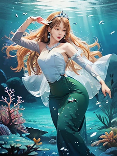 (best quality,ultra-detailed,photorealistic),blue water,sparkling scales, flowy hair, underwater world, colorful coral reefs, ethereal lighting, dreamy atmosphere, fantasy theme, mystical creatures, magical powers, enchanting melodies, mesmerizing beauty, graceful movements, captivating expressions, surreal landscape, peaceful serenity, magical mermaid tails, elegant tiaras, long flowing dresses.