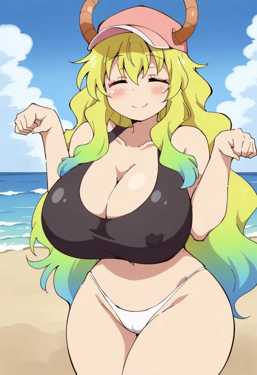 anime art style, 2d, masterpiece, best quality, very aesthetic, absurdres, dynamic shadows, atmosferic, lucoa_md, (1girl), (blonde hair), long hair, (gradient hair), green hair, blue hair, closed eyes, ahoge, hair between eyes, bangs, big breasts, cleavage, curvy body, collarbone, makeup, blush, (sexy smile), horns, hat, pink baseball cap, black crop top, white thong, sexy smile, cowboy shot, paw pose, beach, clouds, sky