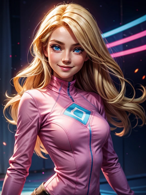a woman, long blonde hair, blue eyes, (wearing a pink and blue long sleeve shirt), smiling, happy, cheerful, high definition, Ultra Quality hair, Ultra Quality face, Ultra Quality image, cinematic lights,,(medium breasts),,